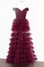 Fallon | Off the Shoulder Dark Berry Pleated Sheer Tiered Prom Dress by KissProm
