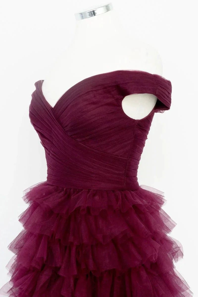 Fallon | Off the Shoulder Dark Berry Pleated Sheer Tiered Prom Dress by KissProm
