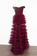 Fallon | Off the Shoulder Dark Berry Pleated Sheer Tiered Prom Dress by KissProm