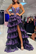 Martha | Straps Fuchsia Sequin Layered Formal Dress with Slit by KissProm