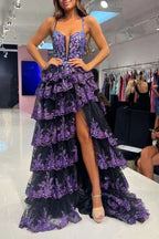 Martha | Straps Fuchsia Sequin Layered Formal Dress with Slit by KissProm