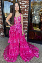 Martha | Straps Fuchsia Sequin Layered Formal Dress with Slit by KissProm