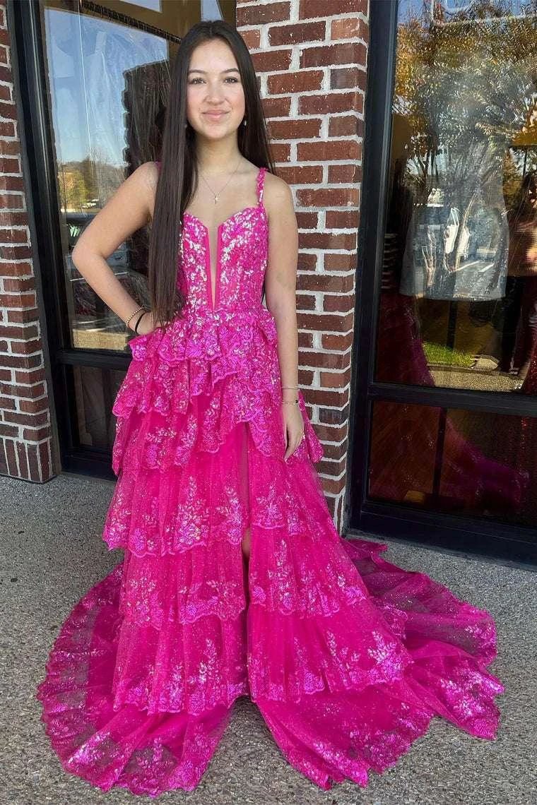 Martha | Straps Fuchsia Sequin Layered Formal Dress with Slit by KissProm