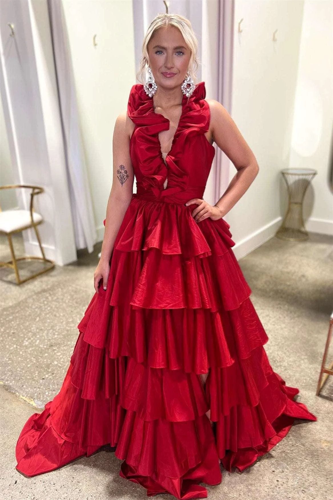 Flora | Halter Red Ruffle Tiered A-Line Prom Dress by KissProm