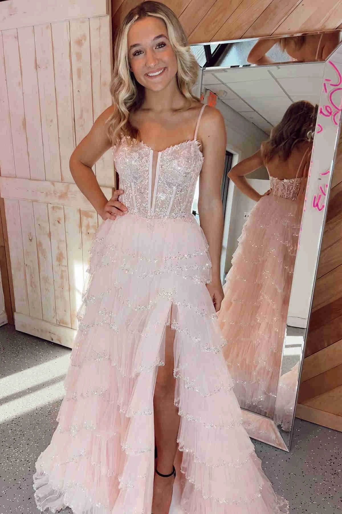Abbie | Straps Black Mesh Cutout Sequined Layered Long Prom Dress by KissProm