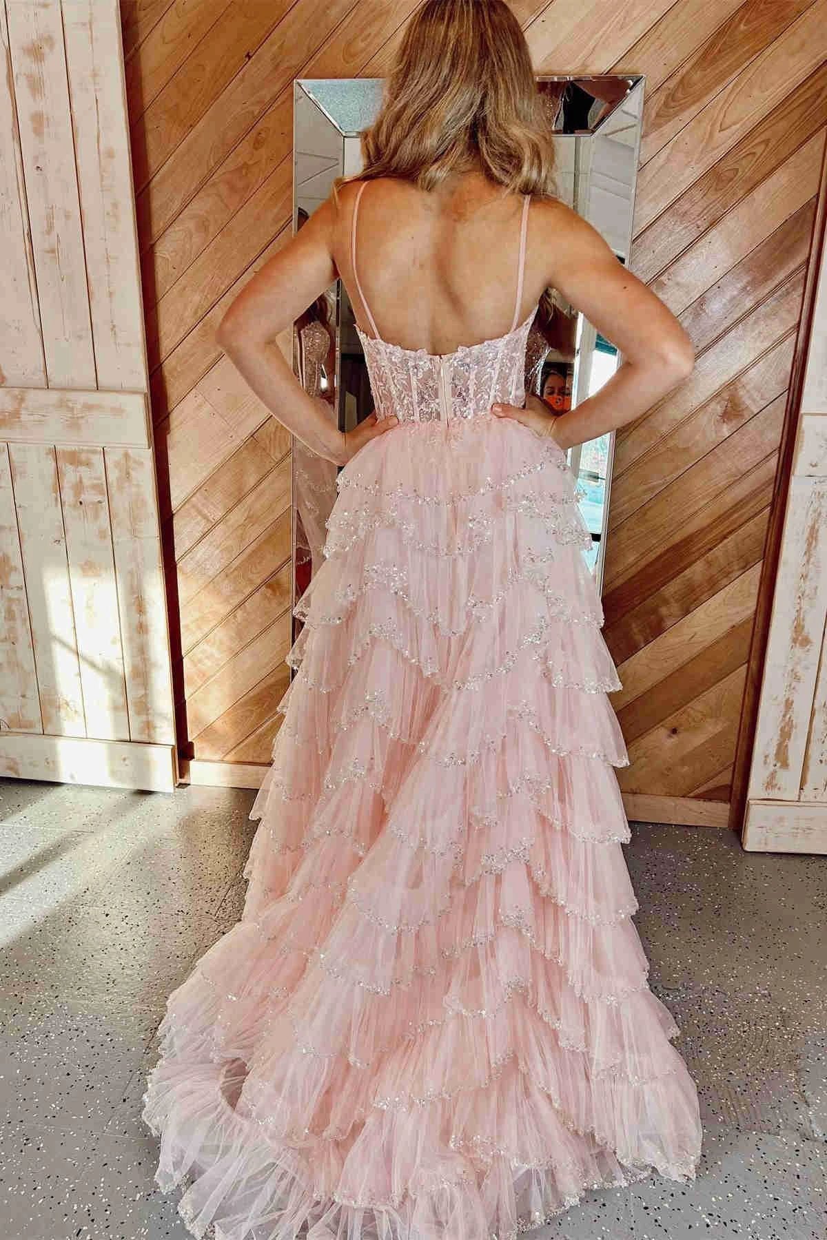 Abbie | Straps Black Mesh Cutout Sequined Layered Long Prom Dress by KissProm
