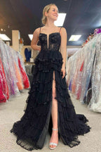 Abbie | Straps Black Mesh Cutout Sequined Layered Long Prom Dress by KissProm