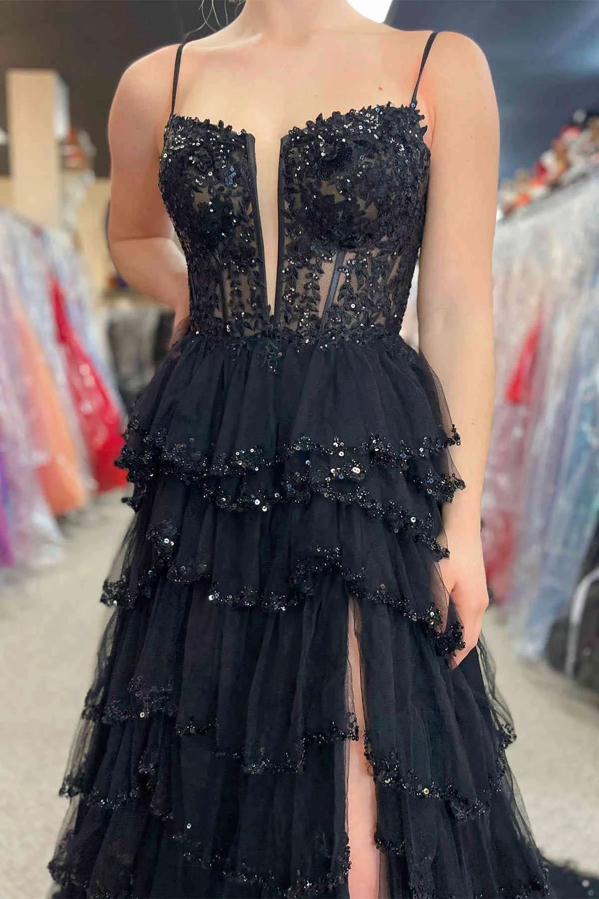 Abbie | Straps Black Mesh Cutout Sequined Layered Long Prom Dress by KissProm
