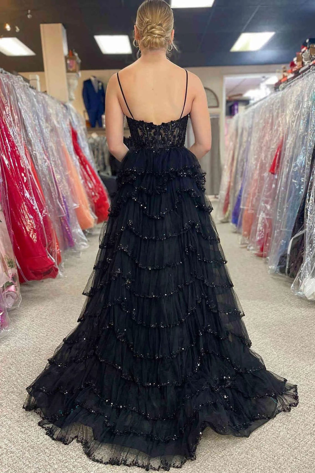Abbie | Straps Black Mesh Cutout Sequined Layered Long Prom Dress by KissProm