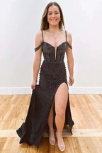 Rosemary | Cold Shoulder Black Beaded Slit Mermaid Prom Dress by KissProm