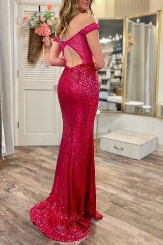 Amy | Schulterfreies Ballkleid im Meerjungfrauen-Stil mit magentafarbenen Pailletten und Applikationen