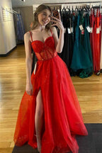 Patricia | Glitter Red Straos Beaded A-Line Formal Dress with Slit by KissProm