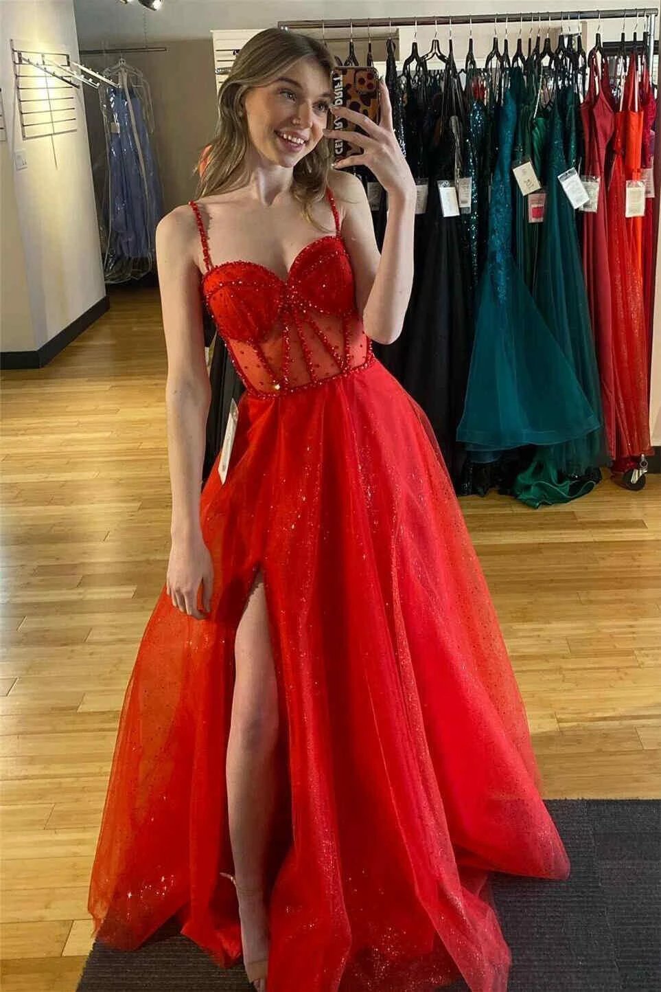 Patricia | Glitter Red Straos Beaded A-Line Formal Dress with Slit by KissProm