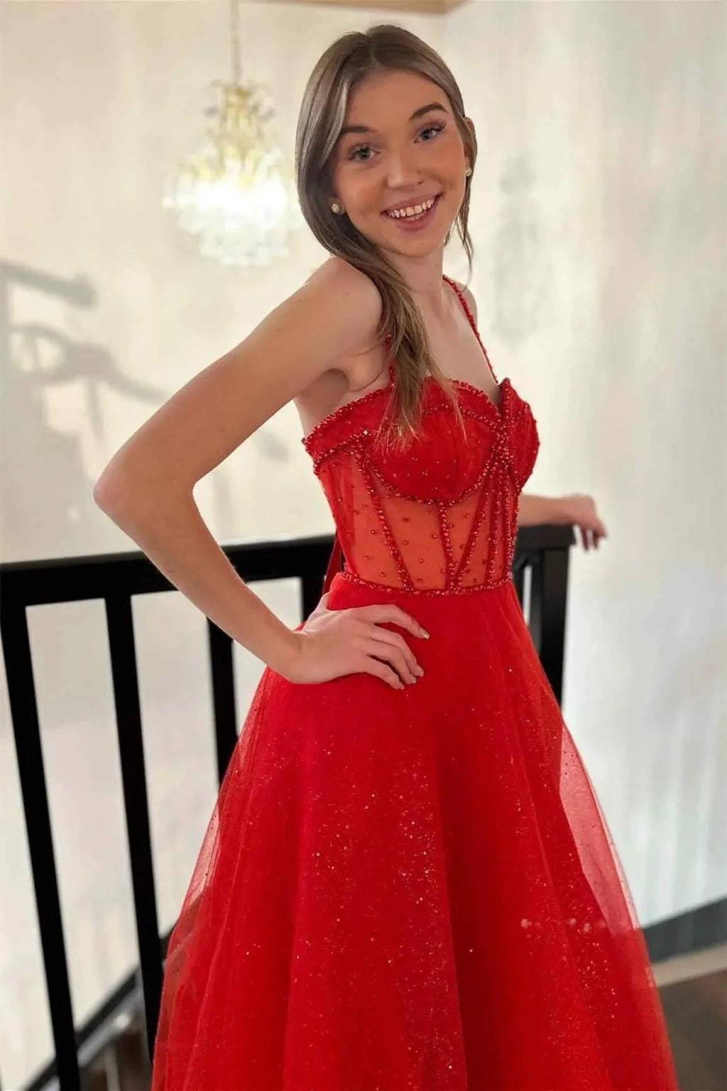 Patricia | Glitter Red Straos Beaded A-Line Formal Dress with Slit by KissProm