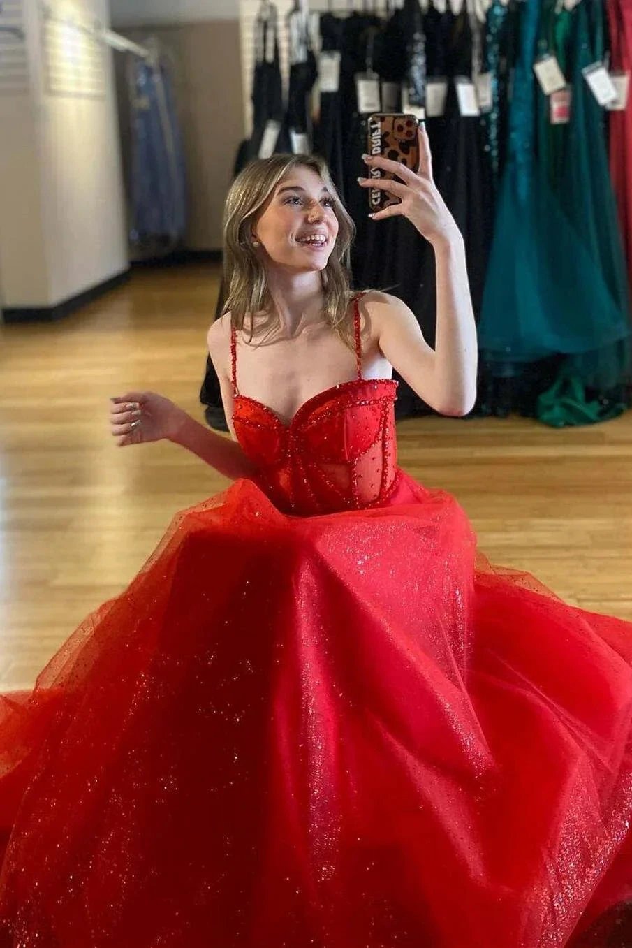 Patricia | Glitter Red Straos Beaded A-Line Formal Dress with Slit by KissProm