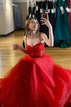 Patricia | Glitter Red Straos Beaded A-Line Formal Dress with Slit by KissProm