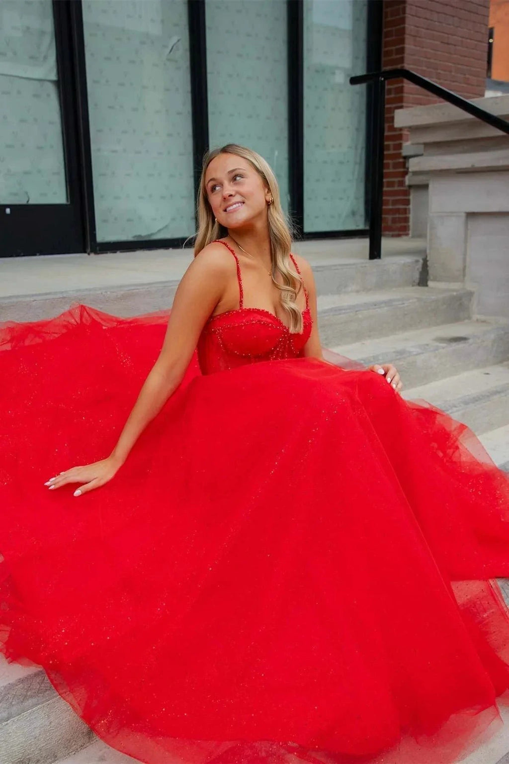 Patricia | Glitter Red Straos Beaded A-Line Formal Dress with Slit by KissProm