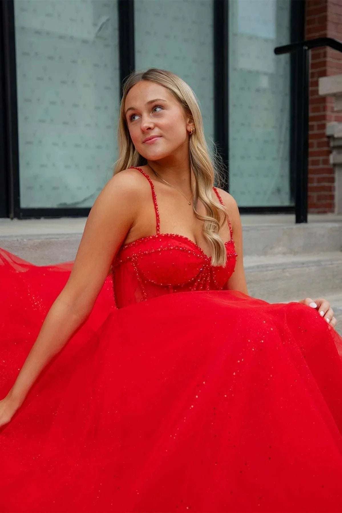 Patricia | Glitter Red Straos Beaded A-Line Formal Dress with Slit by KissProm