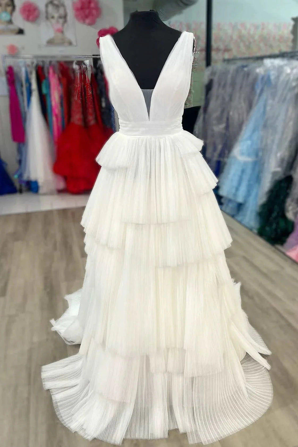 Maya | White V-Neck Pleated Layered Long Formal Dress by KissProm