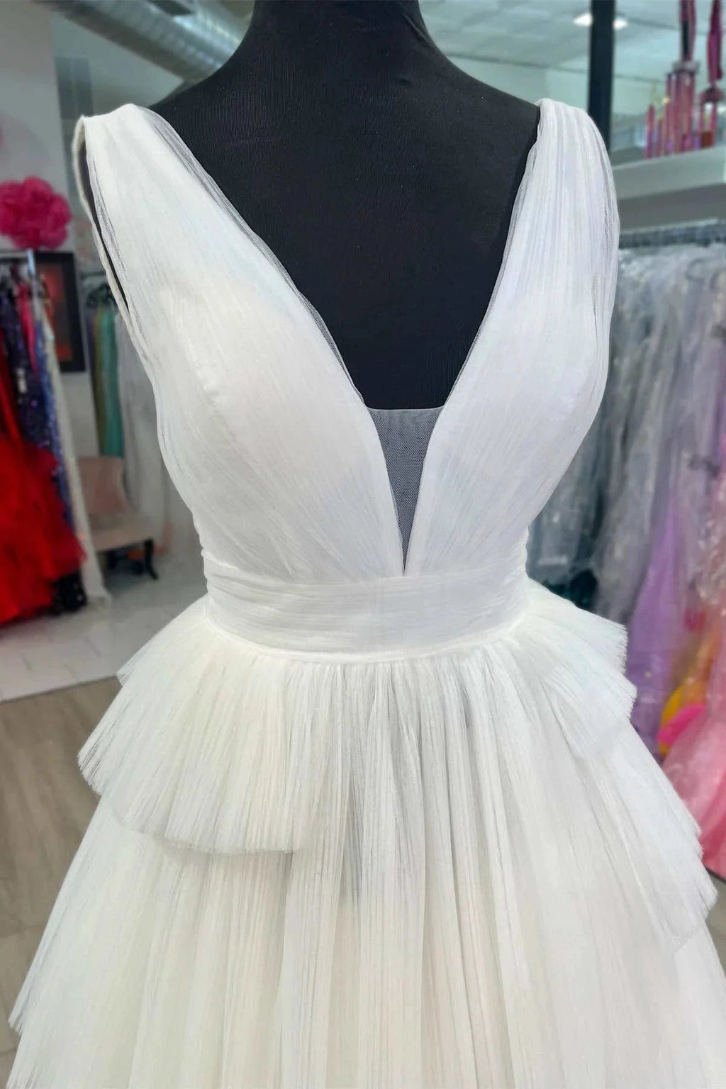Maya | White V-Neck Pleated Layered Long Formal Dress by KissProm