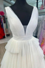Maya | White V-Neck Pleated Layered Long Formal Dress by KissProm