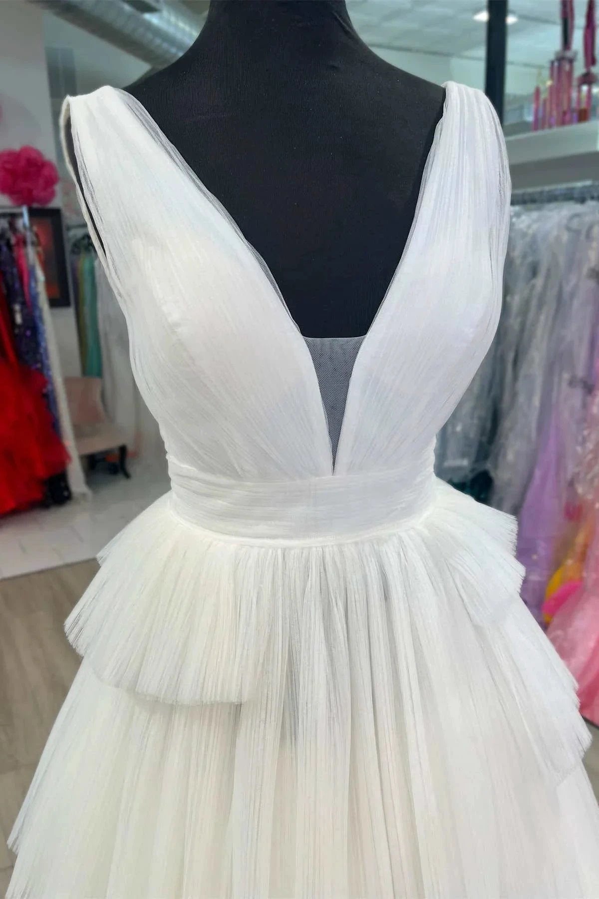 Maya | White V-Neck Pleated Layered Long Formal Dress by KissProm
