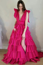 Renee | Plunging V-Neck Fuchsia Bow Straps Ruffle Ball Gown by KissProm