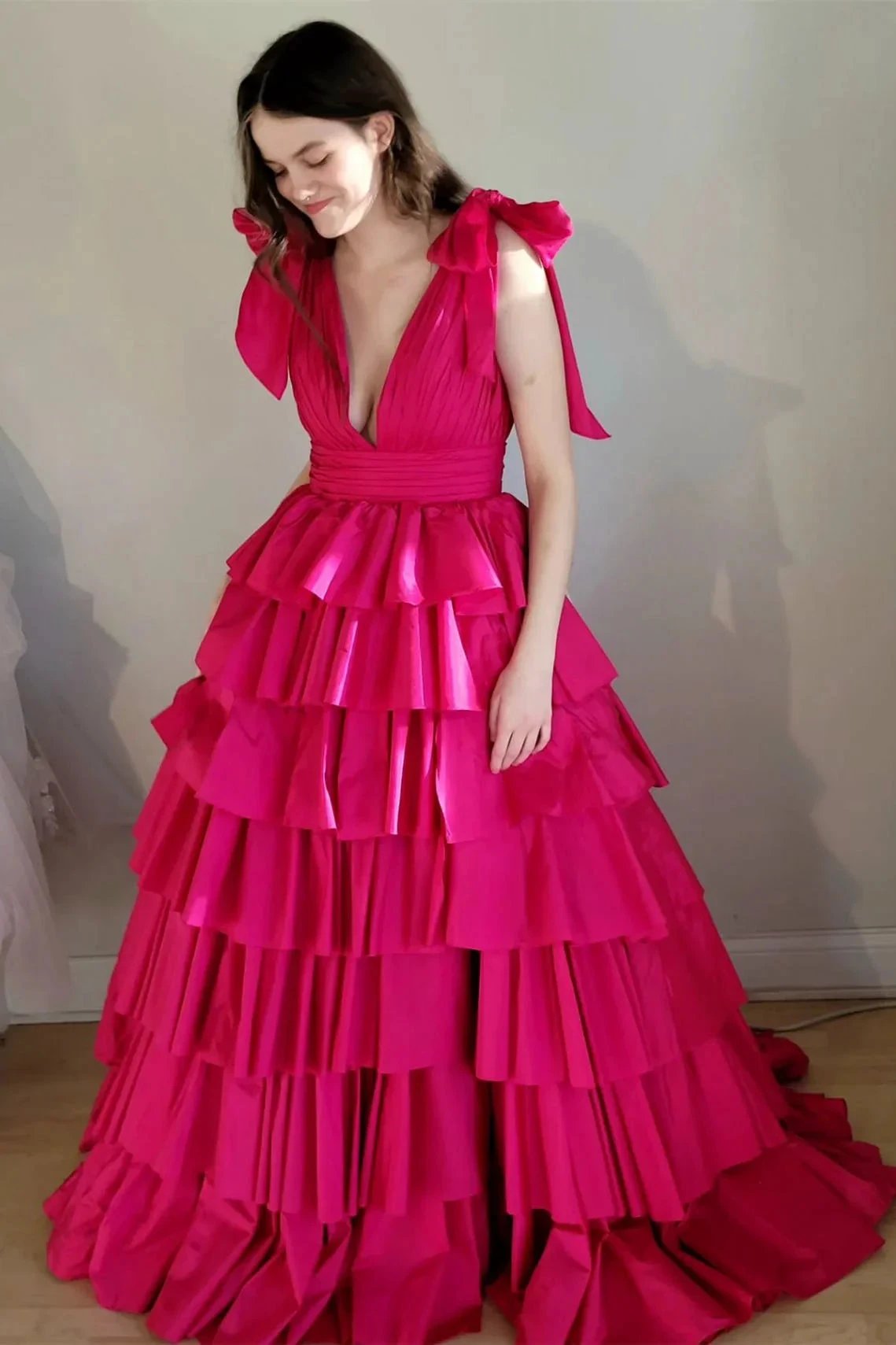 Renee | Plunging V-Neck Fuchsia Bow Straps Ruffle Ball Gown by KissProm