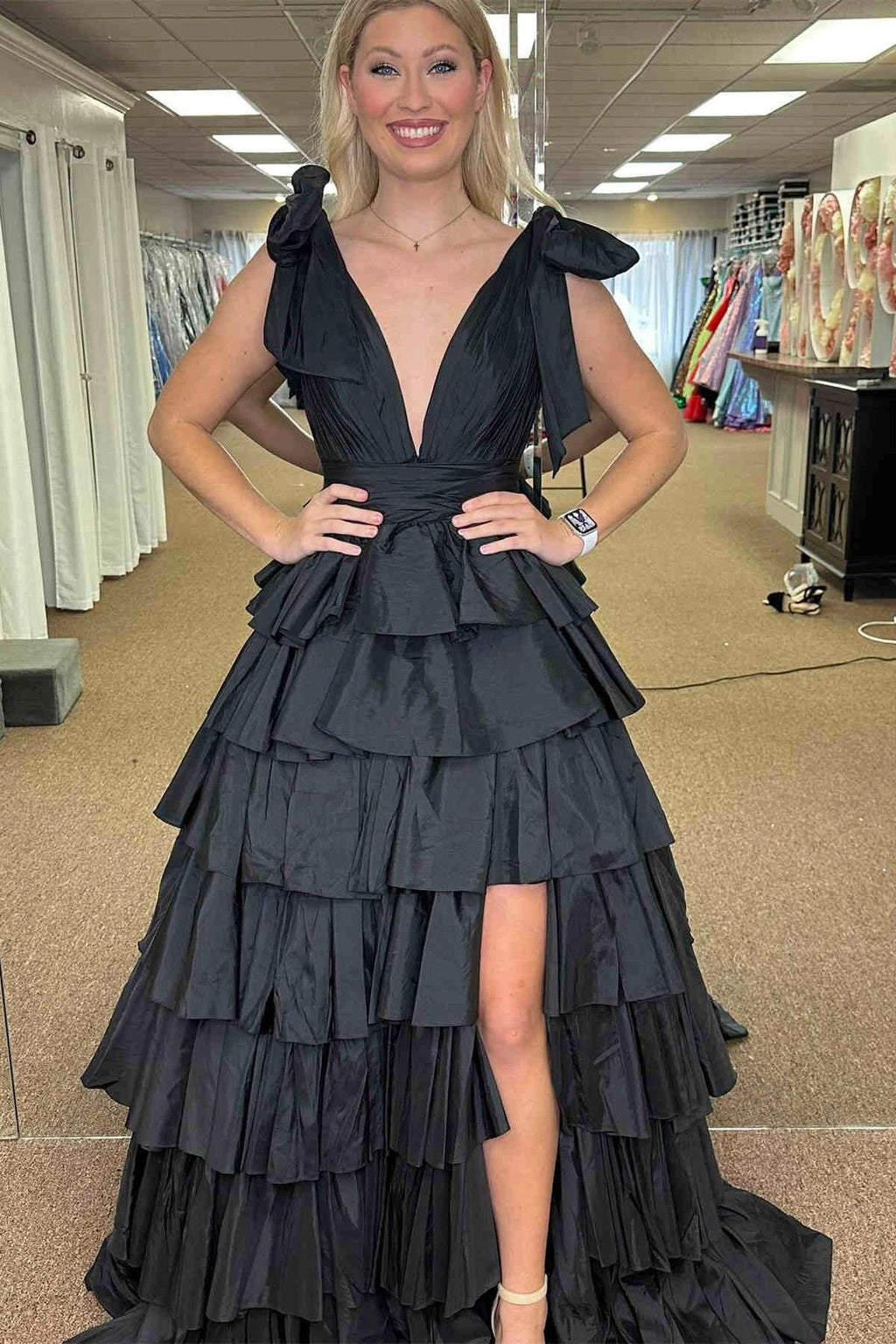 Renee | Plunging V-Neck Fuchsia Bow Straps Ruffle Ball Gown by KissProm