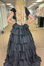Renee | Plunging V-Neck Fuchsia Bow Straps Ruffle Ball Gown by KissProm