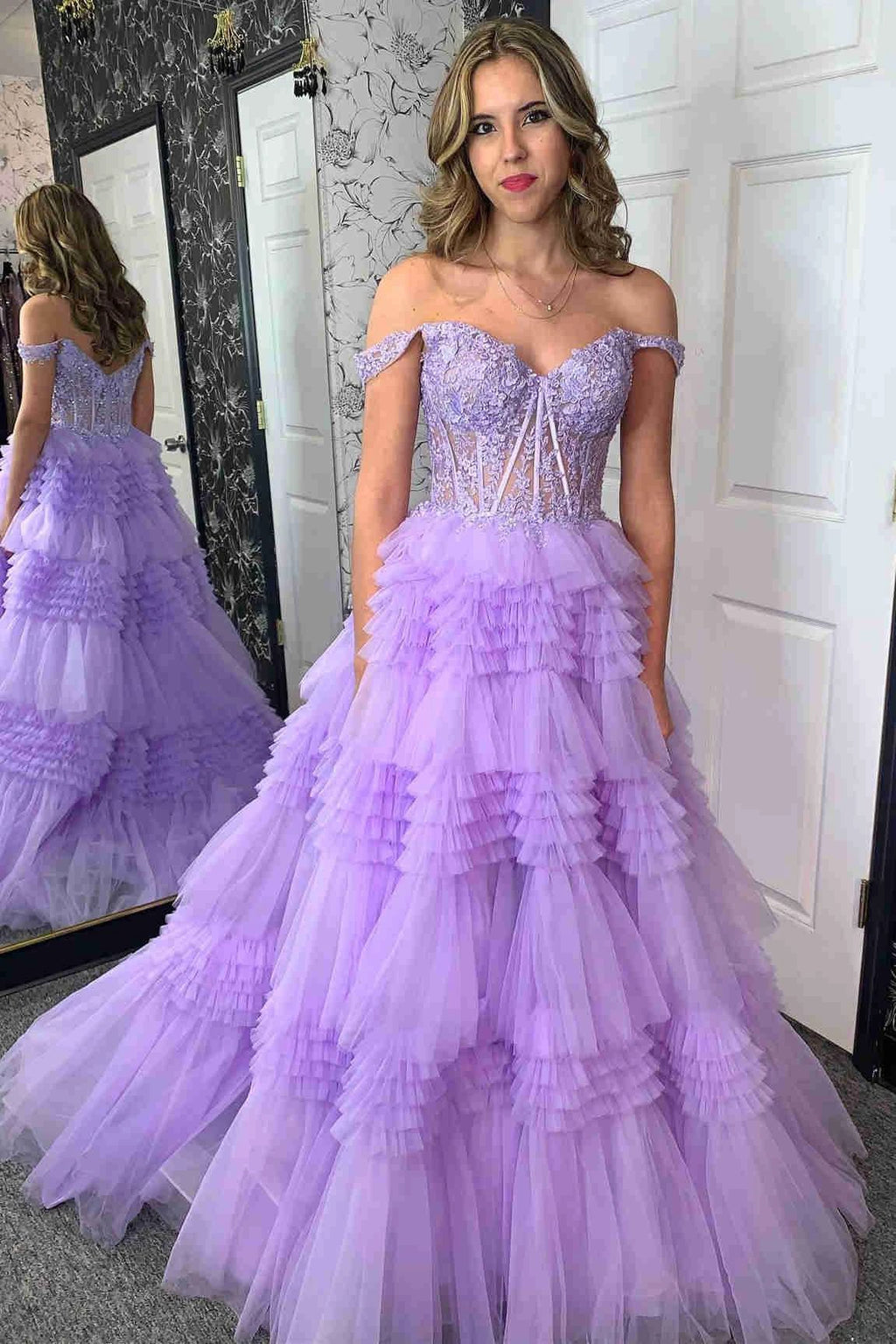 Elina | Red Tulle Off-the-Shoulder Ruffle Tiered Long Prom Dress by KissProm