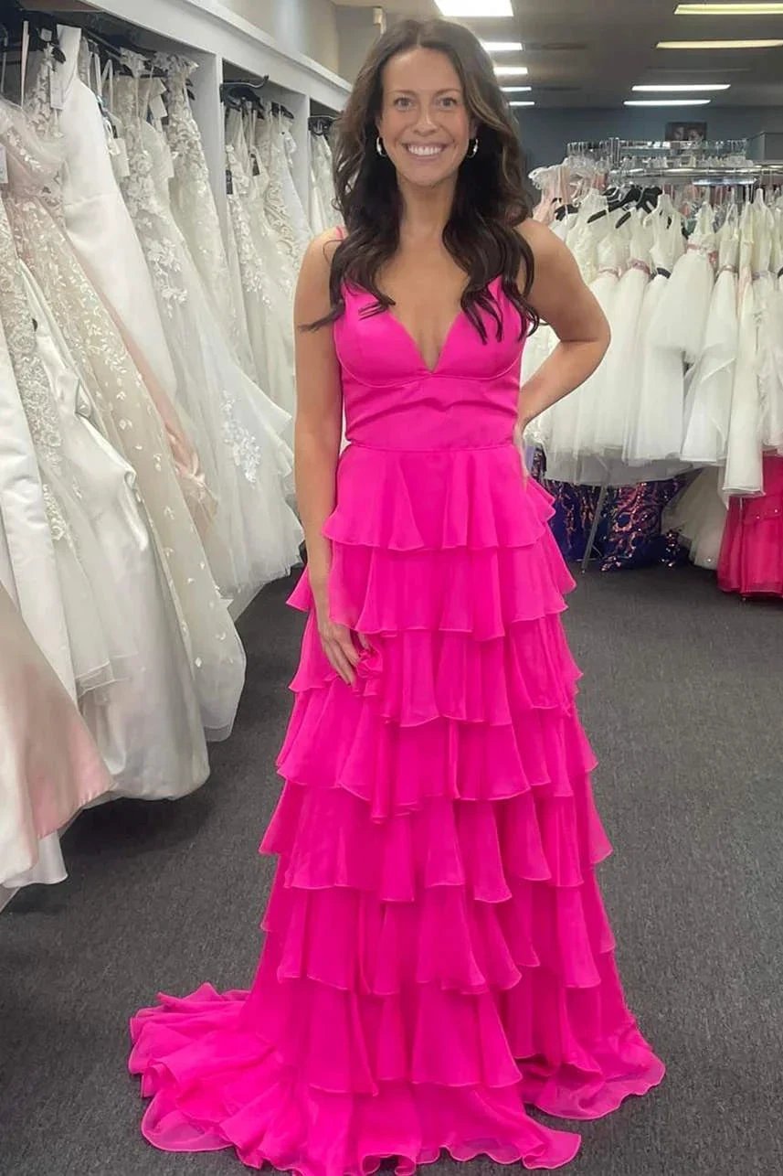 Margot | V-Neck Straps Ruffle Chiffon Prom Dress with Slit by KissProm