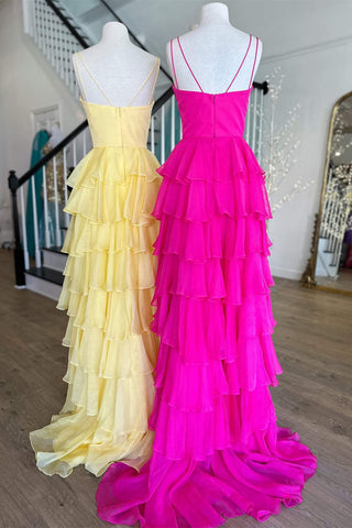 Margot | Vestido de fiesta de gasa con volantes, tirantes y escote en V y abertura