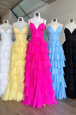 Margot | Vestido de fiesta de gasa con volantes, tirantes y escote en V y abertura