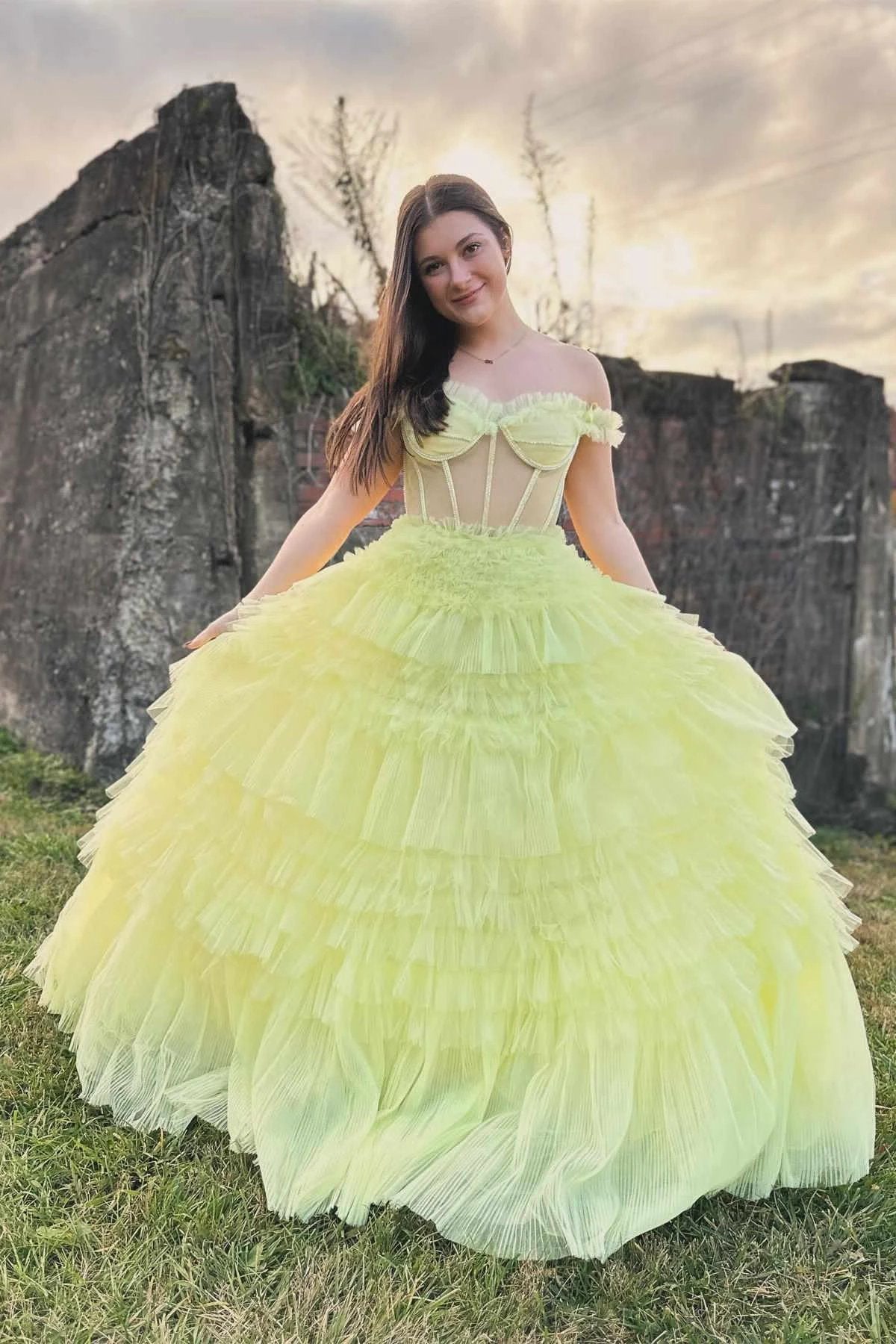 Martina | Off the Shoulder Light Yellow Ruffle Layered Prom Dress by KissProm