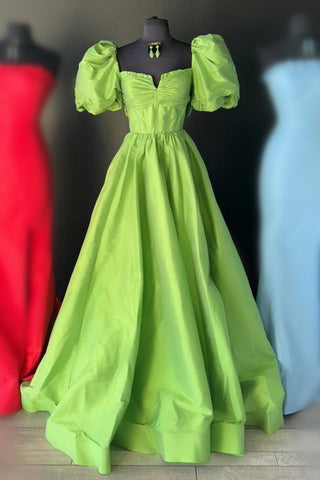 Lynette | Vestido de fiesta fucsia con escote cuadrado y mangas abullonadas