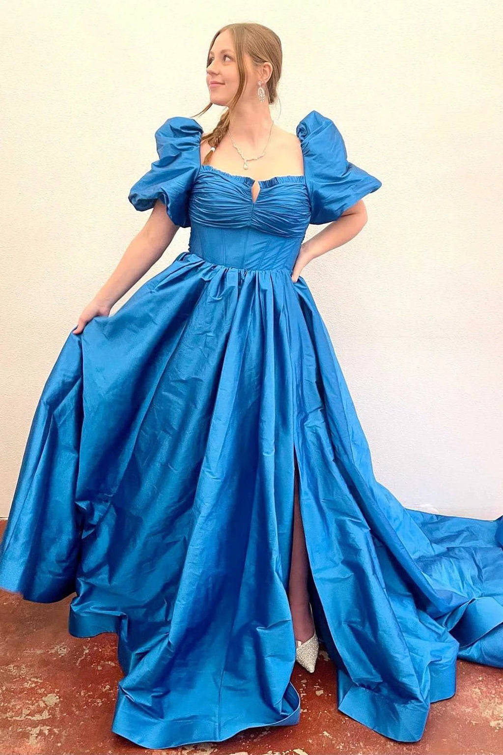 Lynette | Square Neck Fuchsia Puff Sleeves A-Line Prom Dress by KissProm