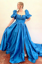 Lynette | Square Neck Fuchsia Puff Sleeves A-Line Prom Dress by KissProm