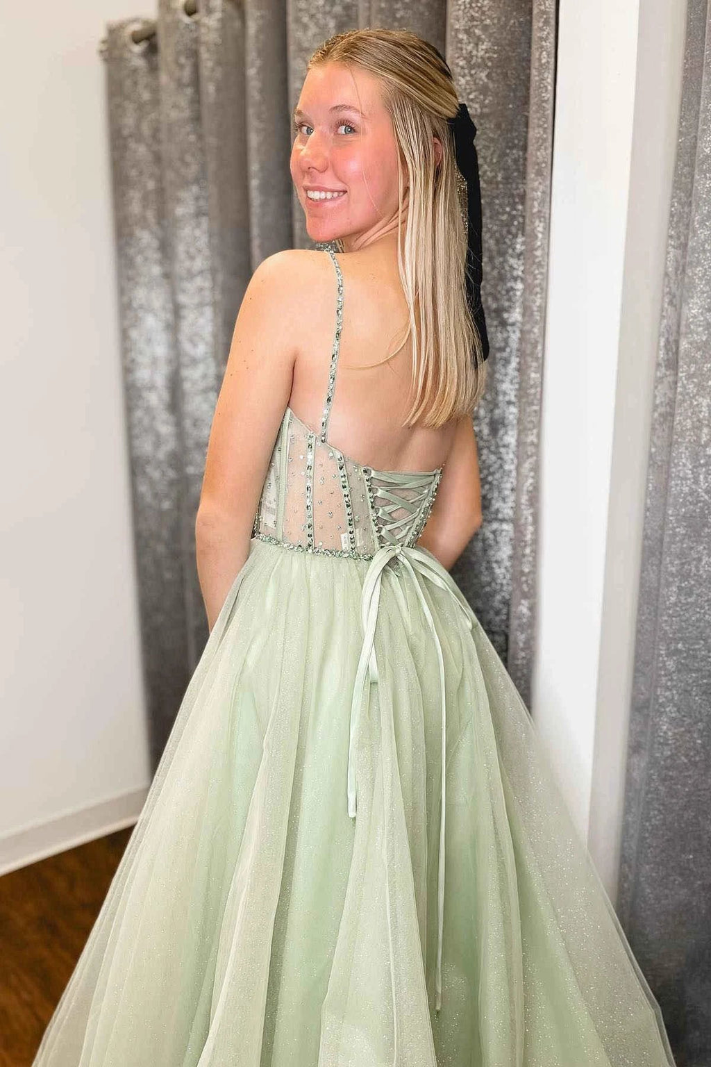 Madeline | Sage Green Straps Sequin Beaded A-Line Tulle Prom Dress by KissProm