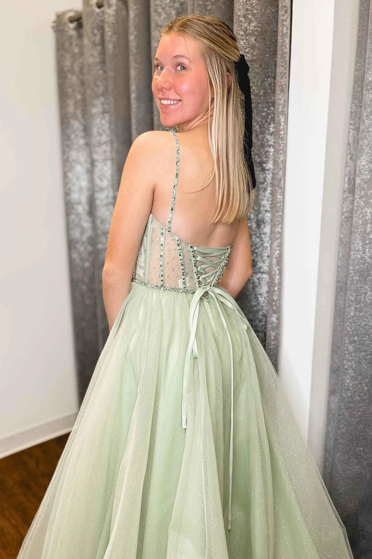 Madeline | Sage Green Straps Sequin Beaded A-Line Tulle Prom Dress by KissProm