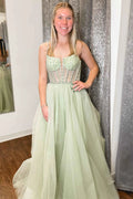 Madeline | Sage Green Straps Sequin Beaded A-Line Tulle Prom Dress by KissProm