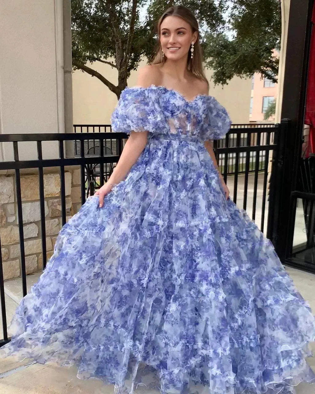 Sydney| Off the Shoulder Blue Floral Print Ruffled Tulle Prom Dress by KissProm