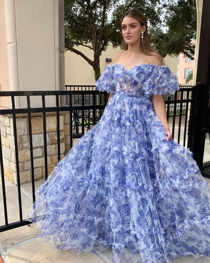 Sydney |A Line Off The Shoulder Floral Tulle Prom Dress by KissProm