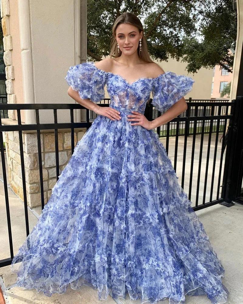 Sydney |A Line Off The Shoulder Floral Tulle Prom Dress by KissProm