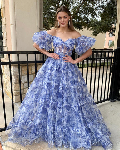 Sydney | A-Linien-Ballkleid aus schulterfreiem Tüll mit Blumenmuster