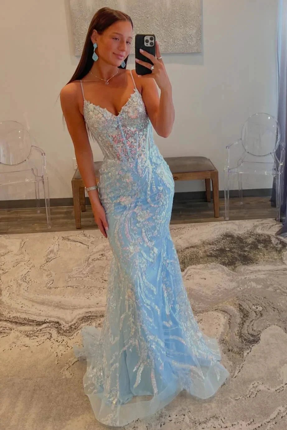 Margaret | Straps Light Blue V-Neck Sequin Appliques Mermaid Prom Dress by KissProm