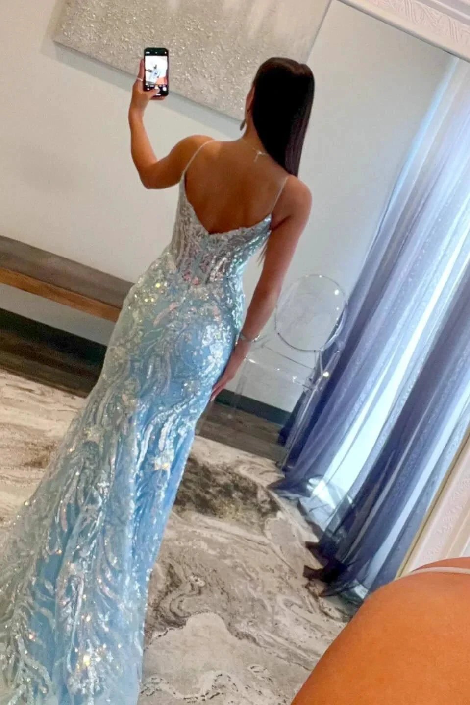 Margaret | Straps Light Blue V-Neck Sequin Appliques Mermaid Prom Dress by KissProm