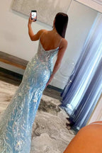 Margaret | Straps Light Blue V-Neck Sequin Appliques Mermaid Prom Dress by KissProm