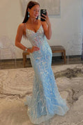 Margaret | Straps Light Blue V-Neck Sequin Appliques Mermaid Prom Dress by KissProm