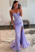 Mandy | Lavender Strapless Lace Ruched Mermaid Prom Dress with Slit by KissProm